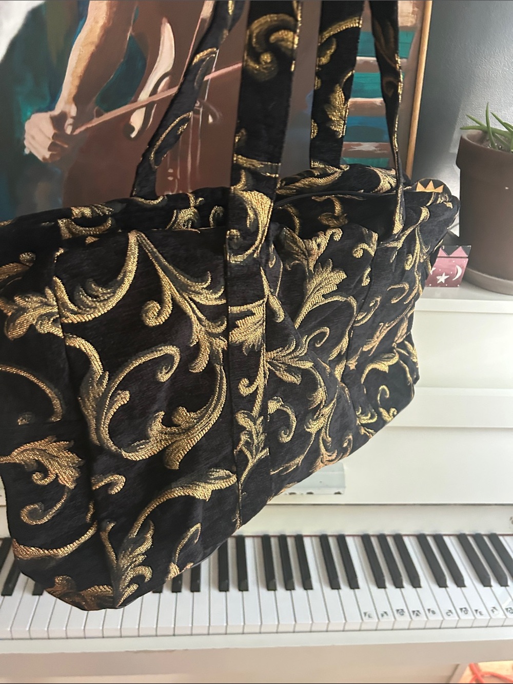 Vintage Elegant Black Travel Bag with Gold Embroidered Scrollwork